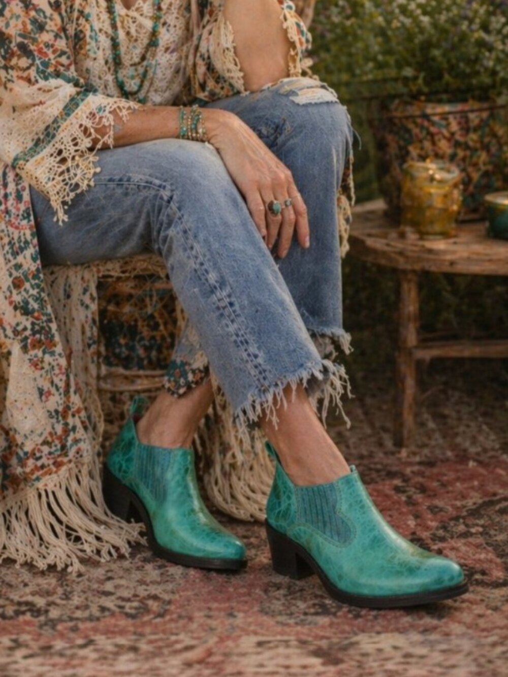 Ferrini Turquoise Distressed Slip On R-Toe Shootie, Size 6